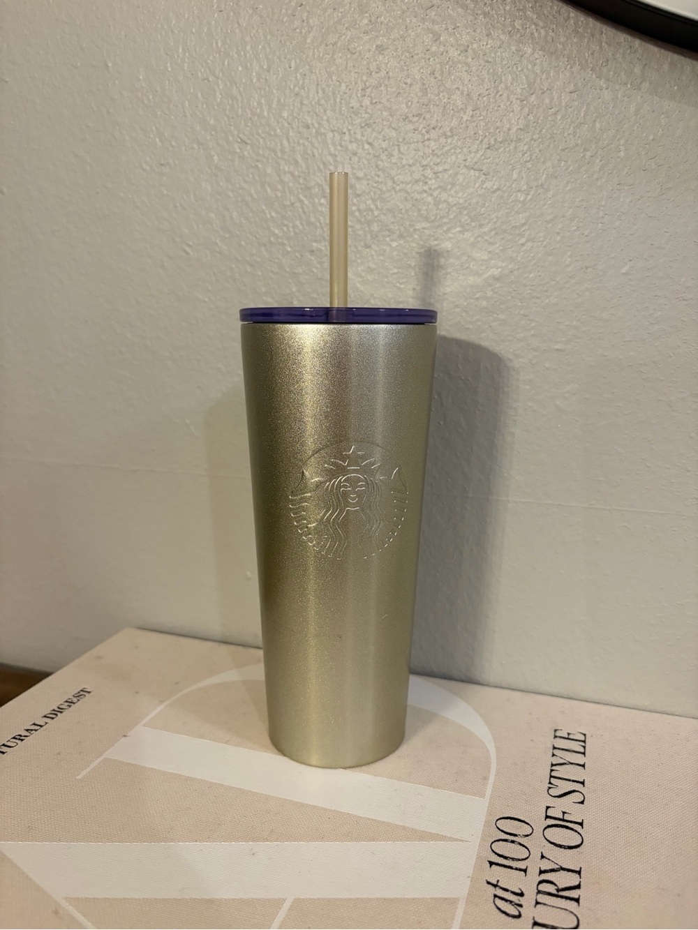 Starbucks 16 oz Shimmery Gold Tumbler with Gold Straw